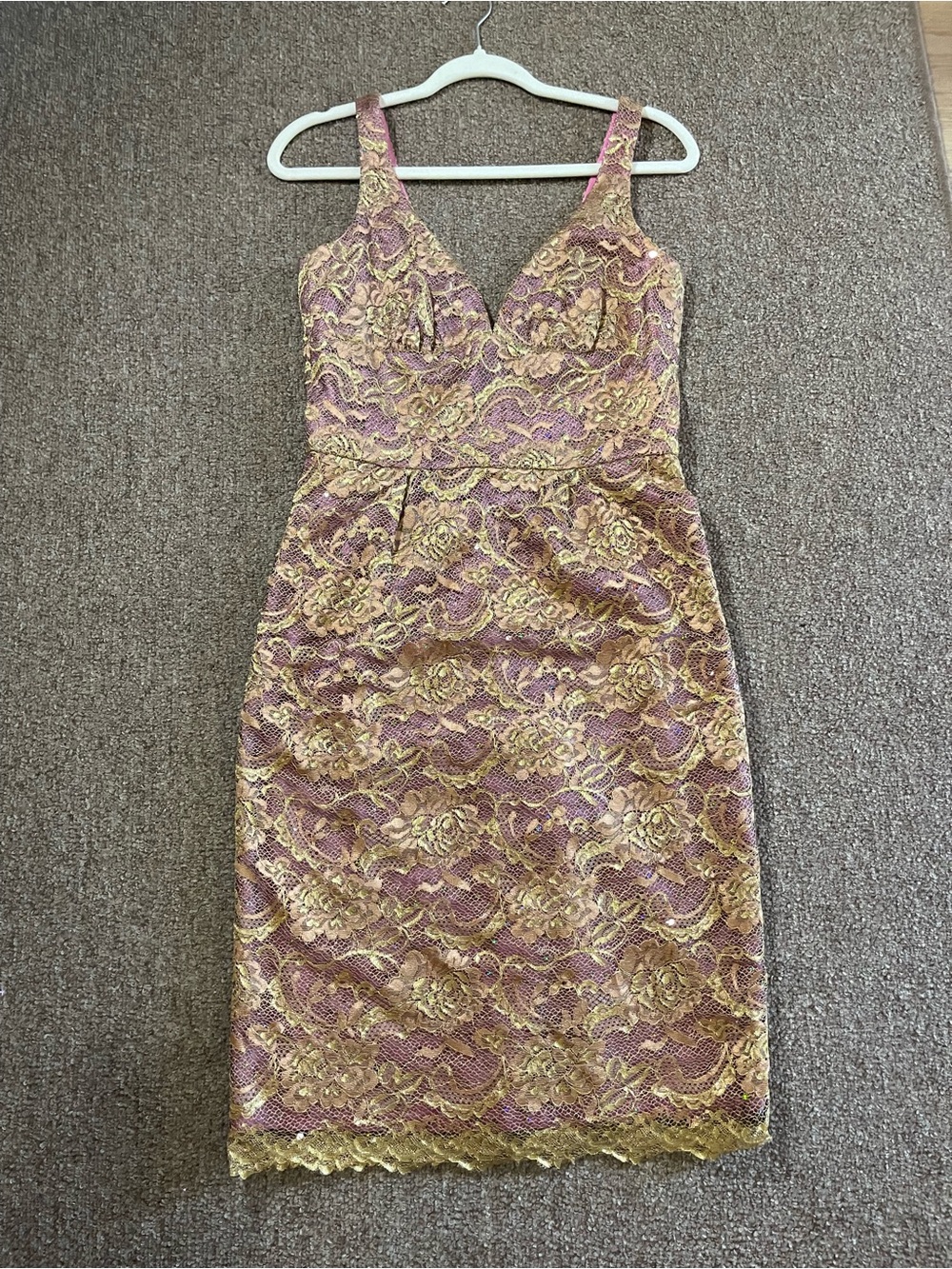 Trina Turk Pink and Gold Lace Midi Sheath Dress